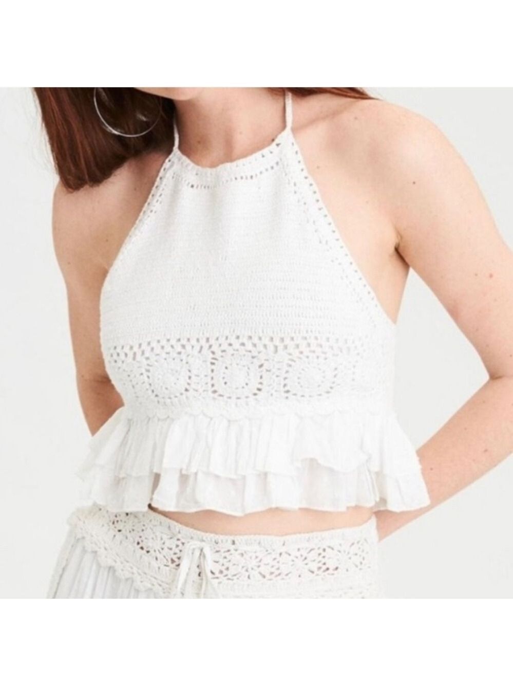 American Eagle Elegant White Crochet Halter Top Sz: L Y2k Festival Crop Smocked